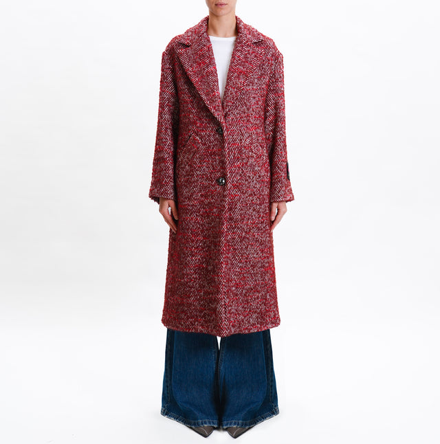 Wu'side-Jewel Button Herringbone Coat - Bordeaux/Milk/Red