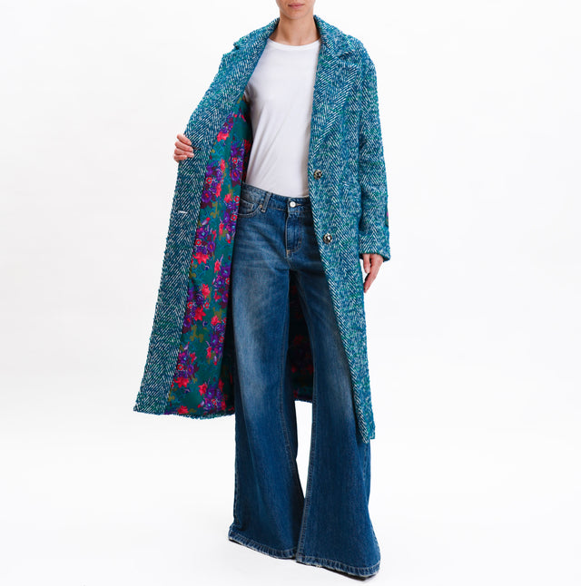 Wu'side-Jewel Button Herringbone Coat - Teal/Milk/Green