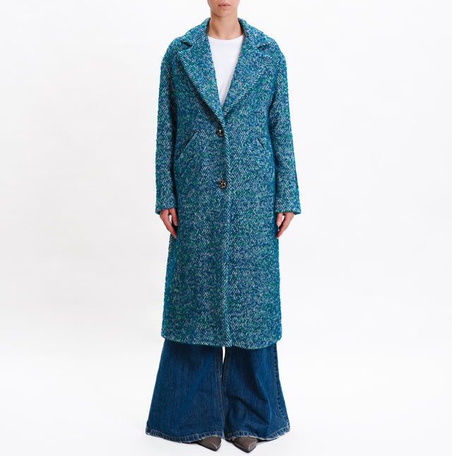 Wu'side-Jewel Button Herringbone Coat - Teal/Milk/Green