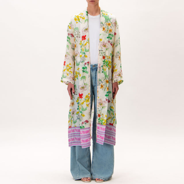 Wu'side-Kimono largo de muselina con estampado floral - mantequilla/rosa/verde