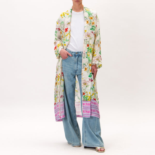 Wu'side-Kimono largo de muselina con estampado floral - mantequilla/rosa/verde