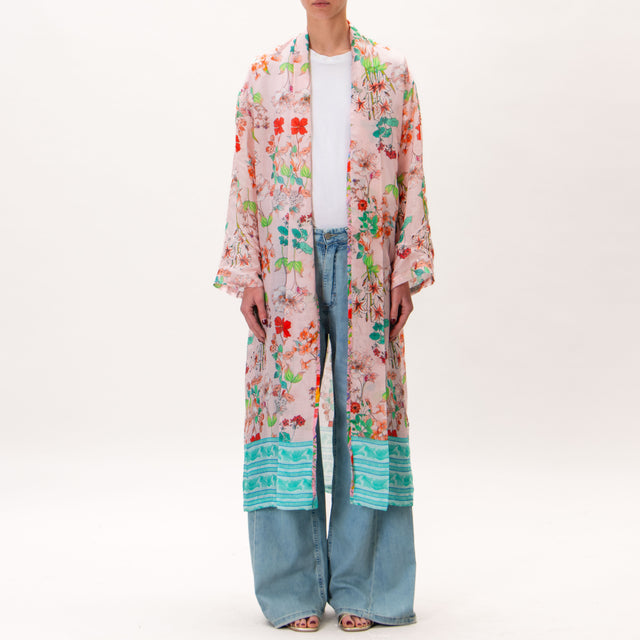 Wu'side-Kimono largo de muselina con estampado floral - polvo/aqua/verde