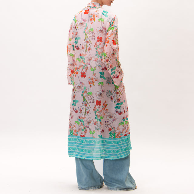 Wu'side-Kimono largo de muselina con estampado floral - polvo/aqua/verde