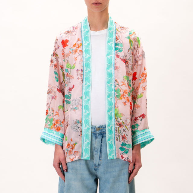 Wu'side-Kimono muselina estampado floral - polvo/aqua/verde