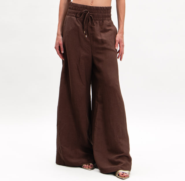 Pantalón tenso de mezcla de lino con cordón - chocolate