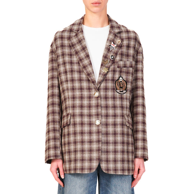 Tension in-Oversized Checked Jacket with Pins - Sand/Wine/Taupe