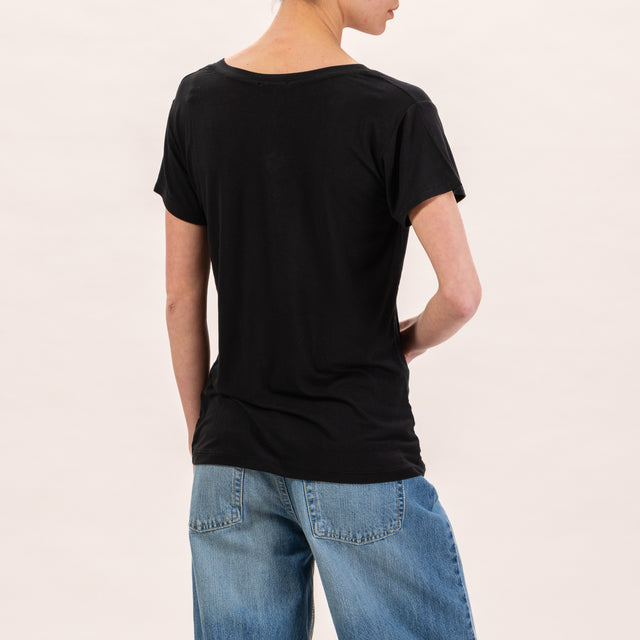 Zeroassoluto Camiseta de seda con cuello de pico - negro