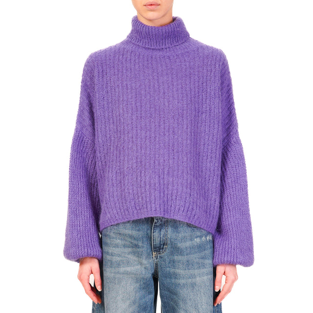 Kontatto-Mohair Turtleneck Sweater with Balloon Sleeve - Purple