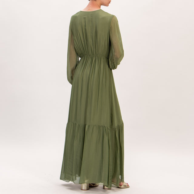 Vestido Dixie de muselina de mezcla de seda y viscosa con volante - verde oliva