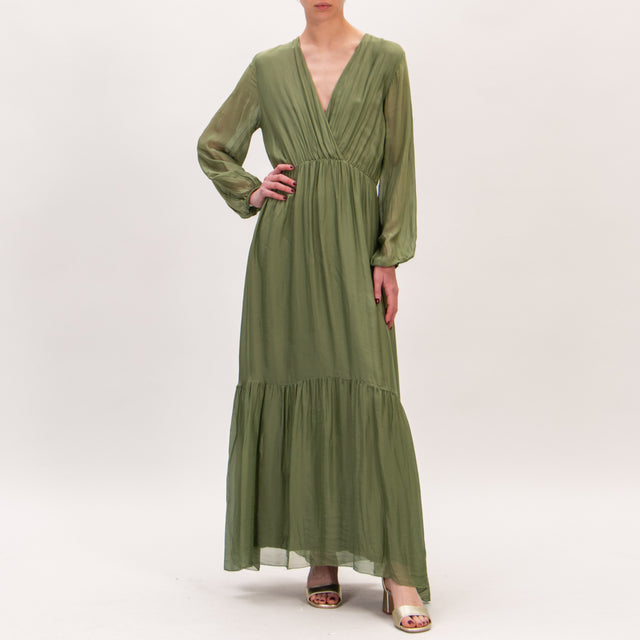 Vestido Dixie de muselina de mezcla de seda y viscosa con volante - verde oliva