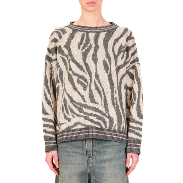 Haveone-Maglia mohair girocollo animalier - antracite/panna/rosa