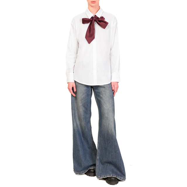 Tension in-Cotton Shirt with Tie - White/Burgundy