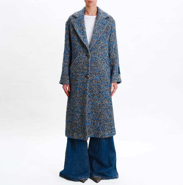 Wu'side-Jewel Button Herringbone Coat - Lead/Milk/Green