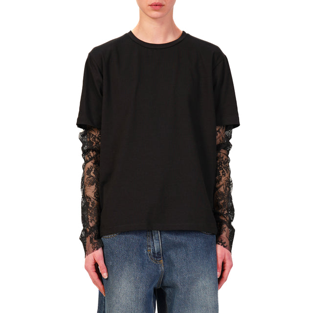 Haveone-T-shirt con pizzo - nero