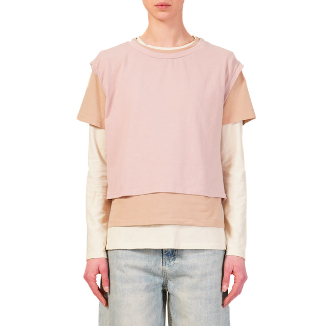 Zeroassoluto-Set tre t-shirt in jersey elasticizzato - rosa/peach/burro