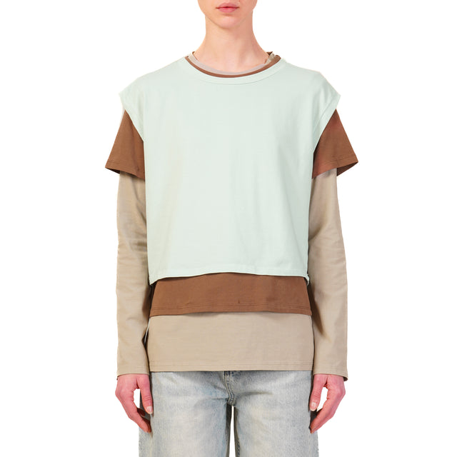 Zeroassoluto-Set tre t-shirt in jersey elasticizzato - acqua/moka/taupe