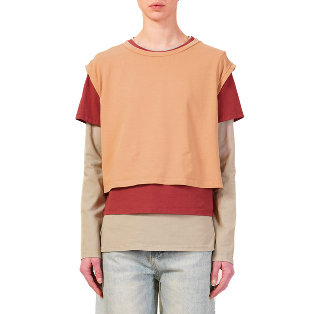 Zeroassoluto-Set tre t-shirt in jersey elasticizzato - peach/cherry/taupe