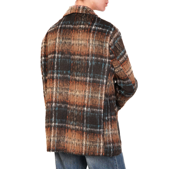 Dixie-Oversized Checked Jacket with Pins - Dark Brown/Tan/Light Blue