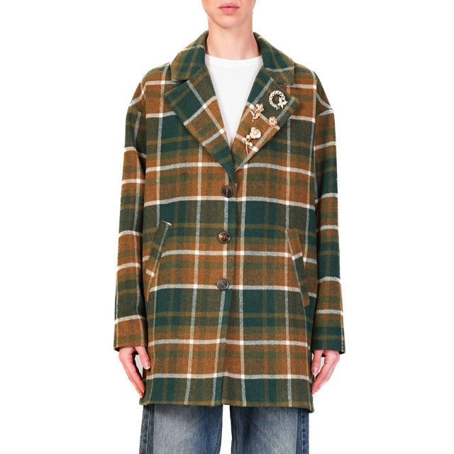 Tensione in-Cappotto check con spille misto lana- verde/camel/latte