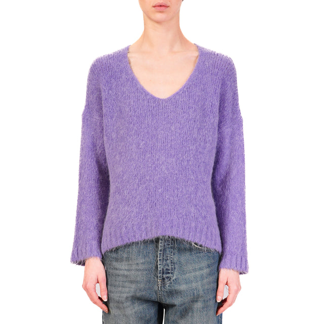 Zeroassoluto-Maglia scollo v largo alpaca corta davanti - viola