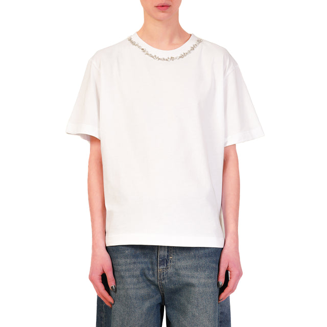 Haveone-T-shirt con collo strass - bianco