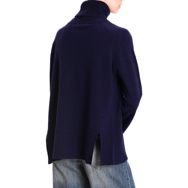 Tensione in-Maglia scatola collo alto 100% lana SOFT - blu