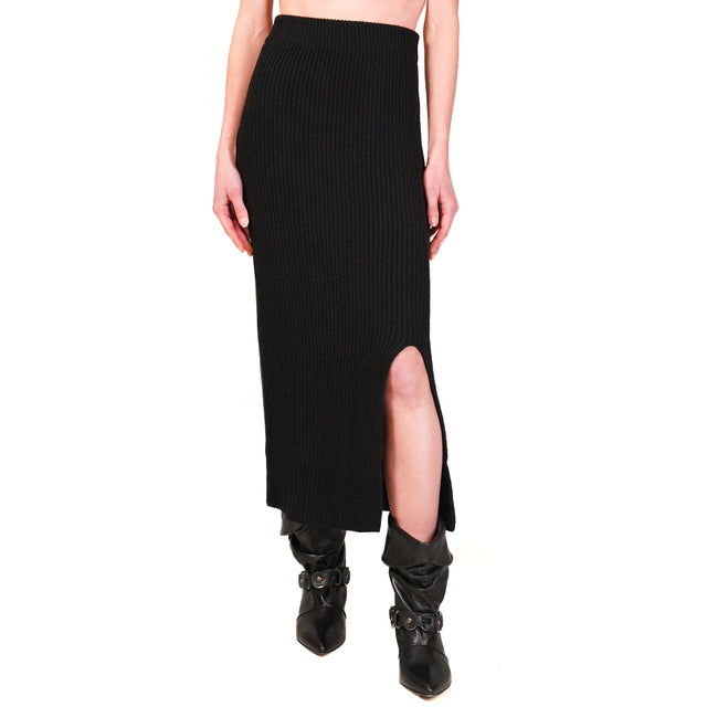 Vicolo-Alpaca Blend Knitted Ribbed Skirt - Black