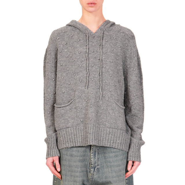 Haveone-Micro Sequin Hooded Sweater - Charcoal