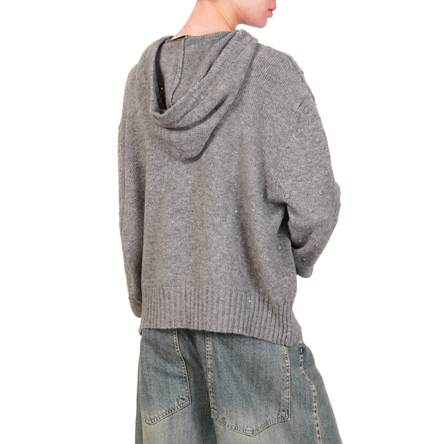 Haveone-Micro Sequin Hooded Sweater - Charcoal