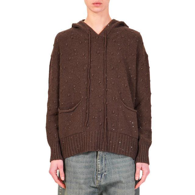 Haveone-Micro Sequin Hooded Sweater - Dark Brown