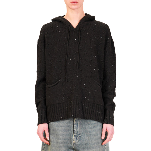 Haveone-Micro Sequin Hooded Sweater - Black