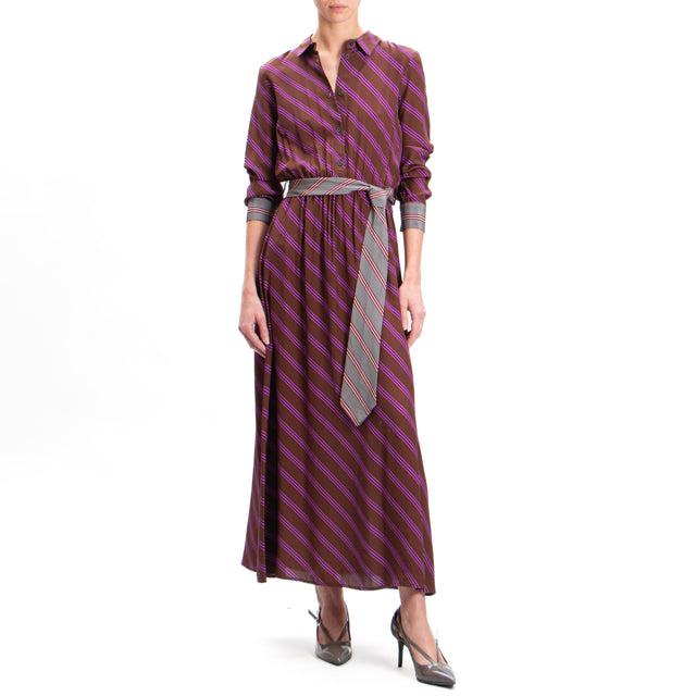 Dixie-Striped Crossover Dress with Belt - Dark Brown/Mauve/Grey