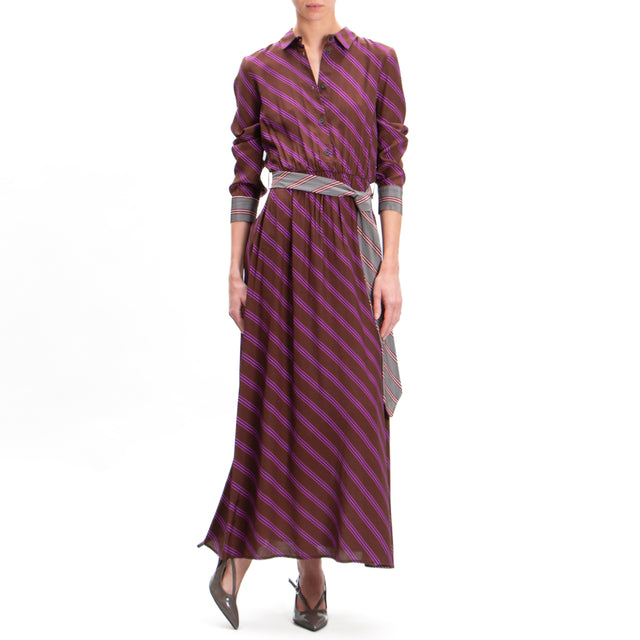 Dixie-Striped Crossover Dress with Belt - Dark Brown/Mauve/Grey