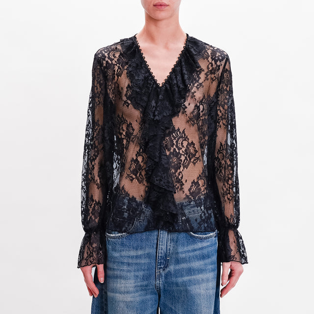 Dixie Lace Blouse with Ruffles - Black