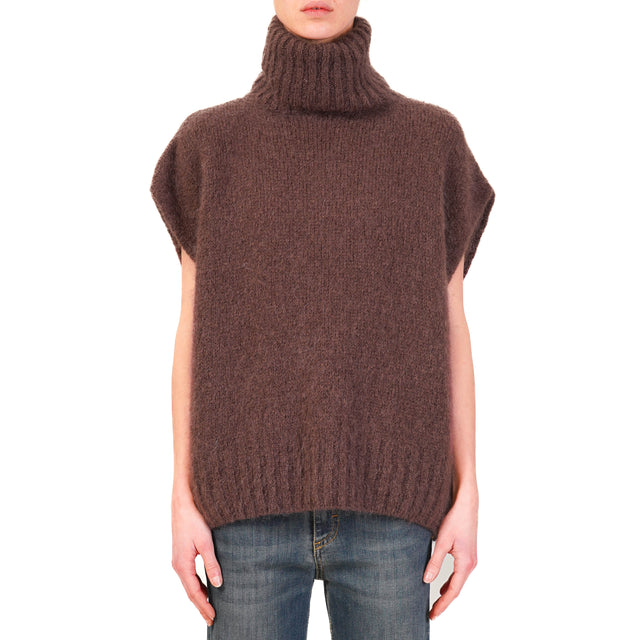 Dixie-Maglia mohair collo alto smanicata - moro