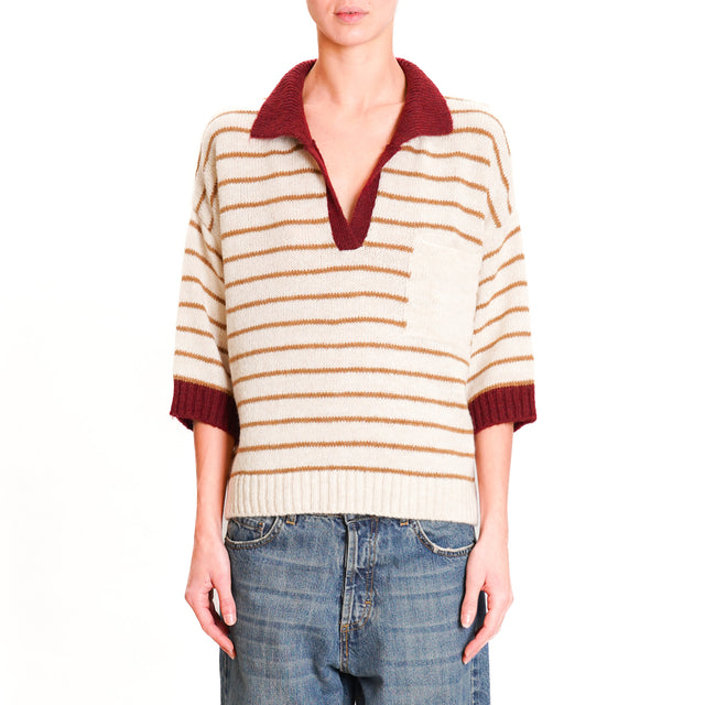 Dixie-Striped Wool Blend Polo Neck Sweater - Wine/Lime/Camel