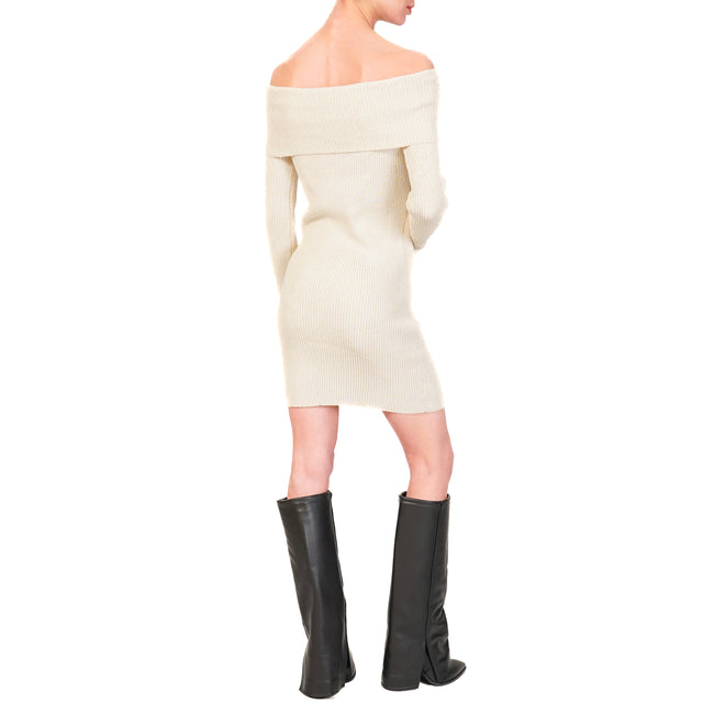 Haveone-Shiffer Neck Knit Dress with Lurex - Cream