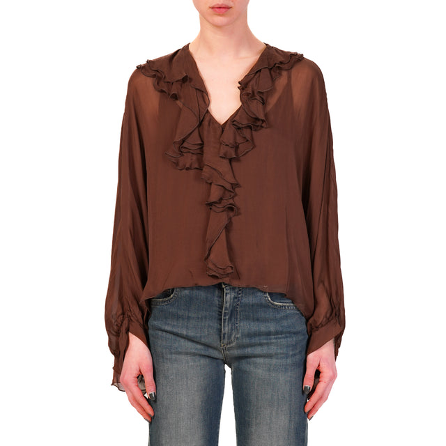 Haveone-Blusa con rouches manica pipistrello - cioccolato