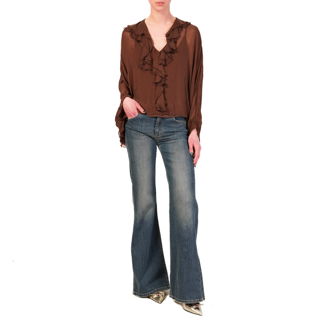 Haveone-Blusa con rouches manica pipistrello - cioccolato