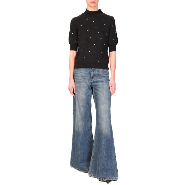 Haveone-Maglia misto lana mezza manica con strass - nero