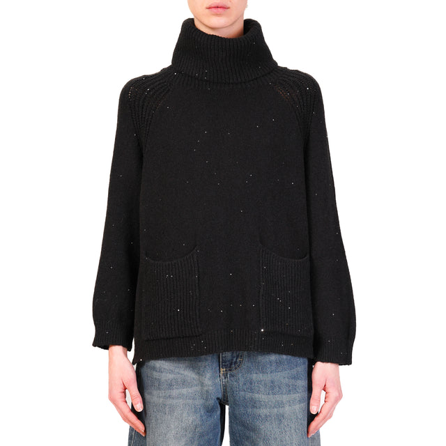 Haveone-Maglia collo alto con tasche e paillettes - nero