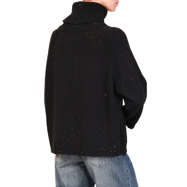 Haveone-High Neck Sweater with Pockets and Sequins - Black