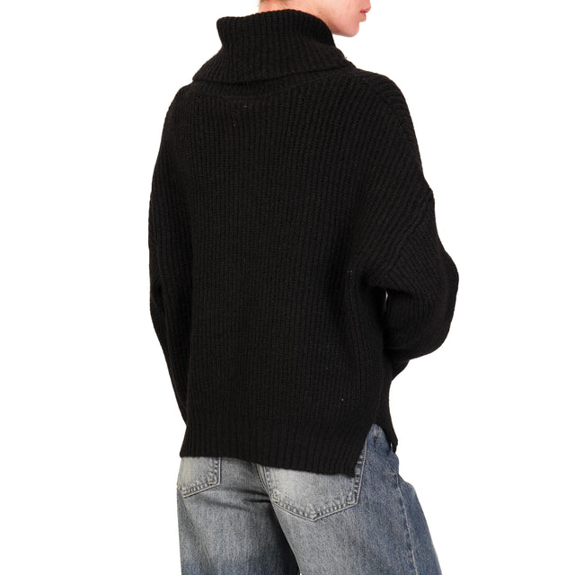 Haveone-Ribbed Turtleneck Sweater - Black