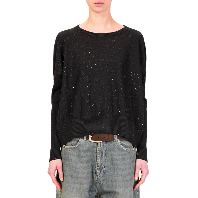 Haveone-Maglia girocollo con micro paillettes - nero