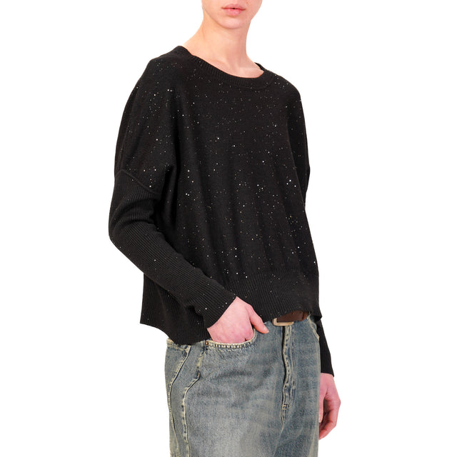 Haveone-Maglia girocollo con micro paillettes - nero