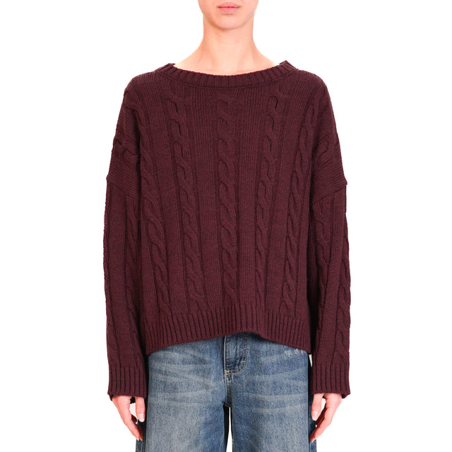 Haveone-Maglia treccia girocollo misto alpaca - Bordeaux