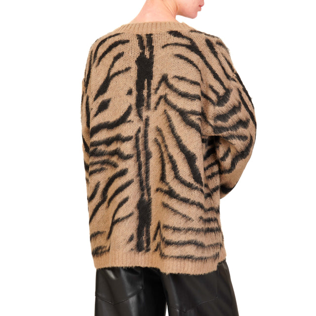 Haveone-Animal Print Wool Blend Sweater - Camel/Black