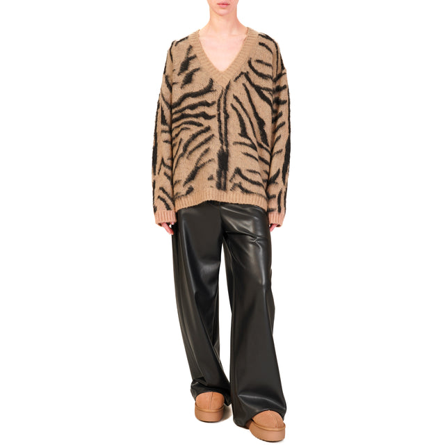 Haveone-Animal Print Wool Blend Sweater - Camel/Black