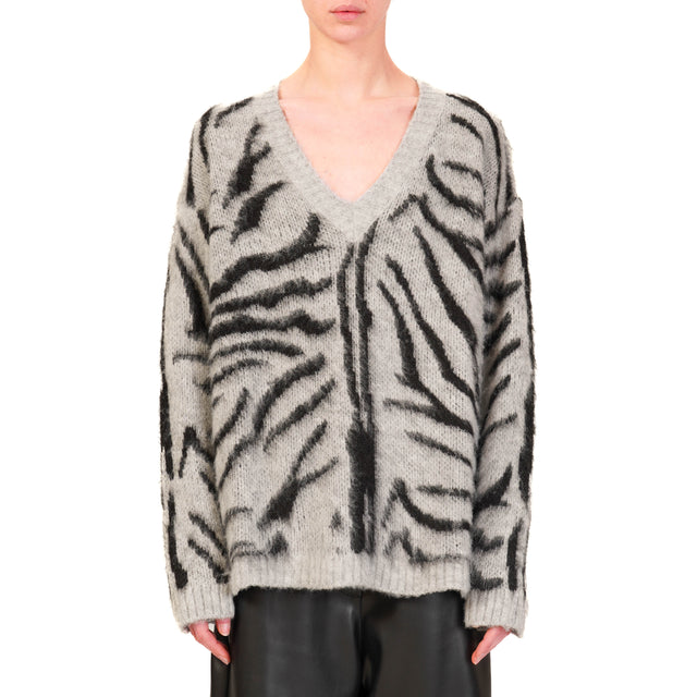 Haveone-Animal Print Wool Blend Sweater - Light Grey/Black