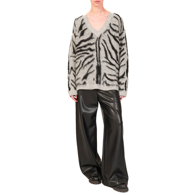 Haveone-Animal Print Wool Blend Sweater - Light Grey/Black